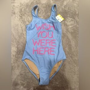 Shade Critters “Wish You Were Here” Blue One Piece Swimsuit Girls Sz 8 - NWT!